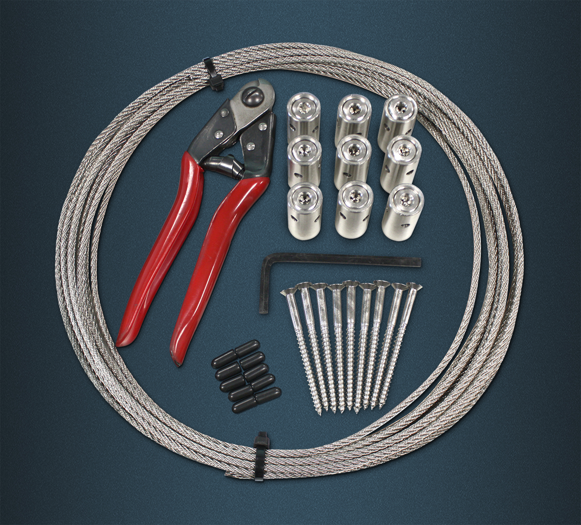 Wire Rope Green Wall Kit Contence - Length of Wire Rope, Hubs, Wood Screws, rubber end caps, hex key, wire rope cutters